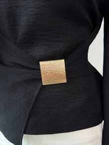 Elenzga Áo sơ mi nữ dáng suông, tay chuông, thắt eo trang trí khóa kim loại, cỡ tiêu chuẩn, thích hợp cho công sở. - màu đen - Xem 5