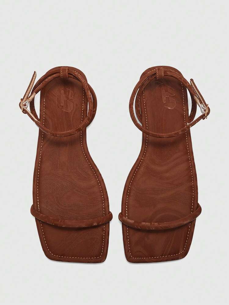 CUCCOO BIZCHIC Square Toe Minimalist Strap Flat Sandals For Women, Simple Fashion Commute Outdoor Summer Vacation Footwear Summer Shoes