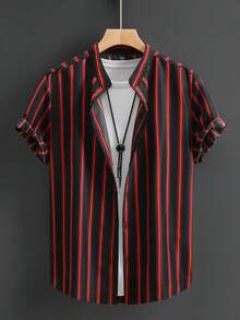 Genlund Chemise décontractée à manches courtes, à boutons et à imprimé rayé, polyvalente pour hommes - Noir - Voir 3