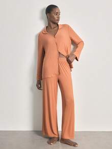 Ocili Conjunto de pijama de pantalón y blusa de manga larga de un solo botonadura de unicolor para mujer