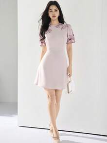 Heiryn Women's Elegant Commuter Floral Embroidery Mini Dress Pink Dress Korean Dress Elegant Dress - Pink - View 3