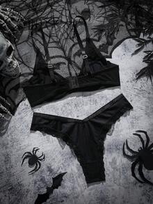 两件套性感蕾丝女士内衣套装，优雅浪漫无钢圈文胸套装，轻薄无衬垫内衣 - 黑色 - 查看 10