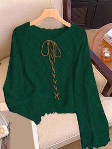 SHEIN Franclia 博主风时尚撞色系带镂空花卉流苏套头毛衣，欧美新品 - 綠色 - 查看 6