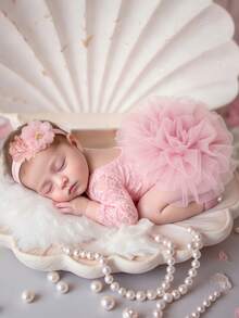 Newborn Girl Photography Outfits 1 Month 100 Days Baby Girl Pink Lace Romper With Flower Headband Infant Photo Props - Pink - View 1