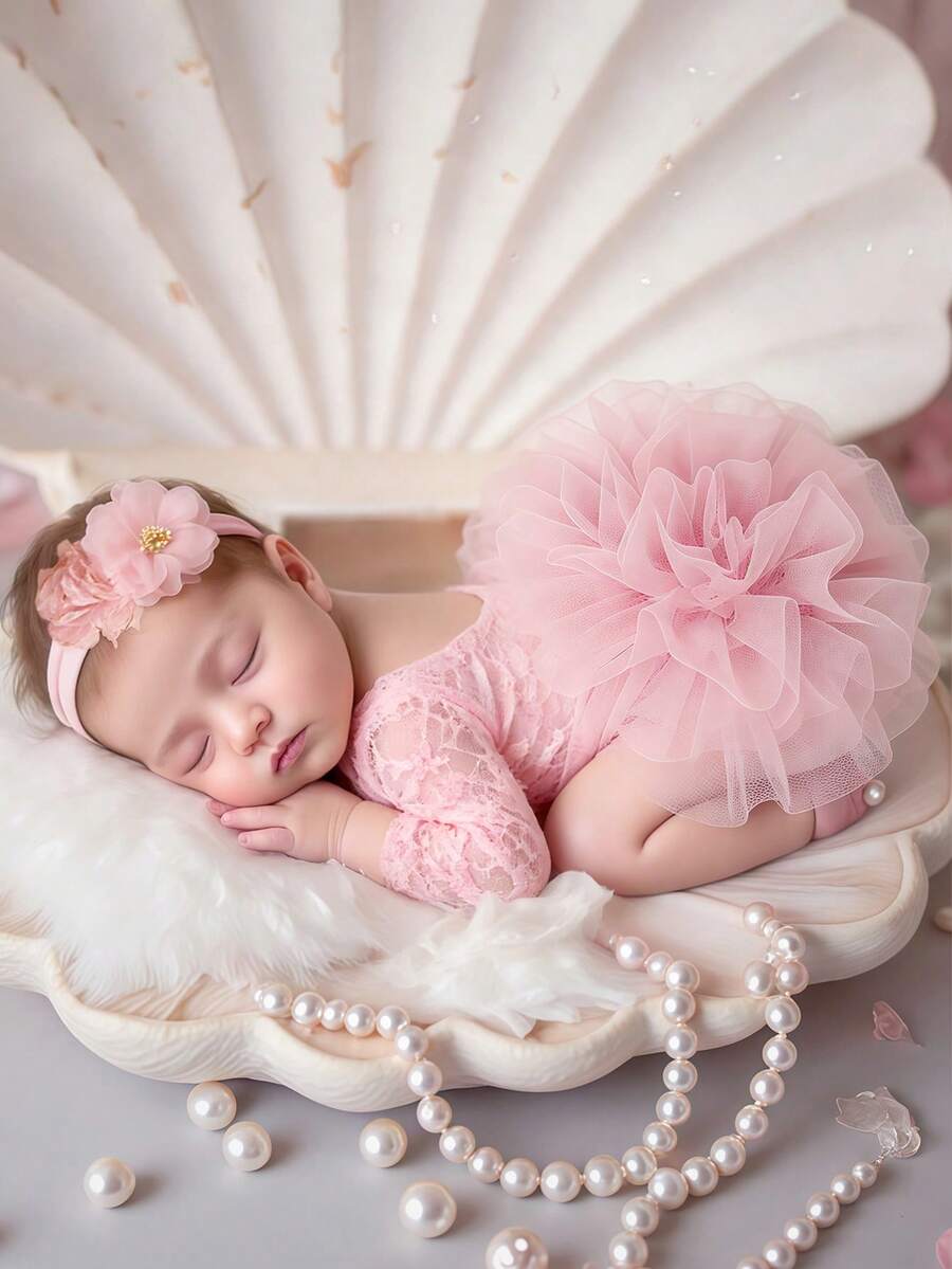 Newborn Girl Photography Outfits 1 Month 100 Days Baby Girl Pink Lace Romper With Flower Headband Infant Photo Props - Pink - View 1