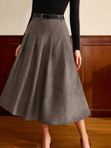 Vintamour 复古经典优雅女士半身裙，修身腰身，带口袋，灰色，百褶裙，适合夏秋季穿着。 - 咖啡棕 - 查看 3