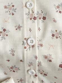 SHEIN 两件套女婴甜美碎花睡衣套装，包括彼得潘领短袖针织上衣和宽松梭织长裤，夏季款 - 杏色 - 查看 8