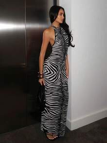 Glamine Spring/Summer Small Stand Collar Zebra Print Backless Women Sweater Dress, High Slit Elegant Women Sweater Dress - Black and White - View 4