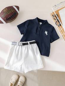 SHEIN 2件套男婴舒适休闲时尚藏蓝色珠地布POLO衫（立领短袖）和白色短裤（带腰带），适合室内、室外、日常、运动、玩耍、派对、拍照、度假、幼儿园、春夏等场合。 - 藏蓝色 - 查看 3