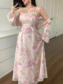 DAZY 2pcs/Set Women's Ditsy Floral Shirt Top And Dress Suit, Suitable For Spring, Summer, Valentine's Day - Pink - View 5