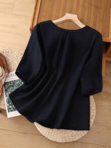 Linhara 大码女士浪漫约会通勤百搭时尚衬衫，春夏款 - 藏蓝色 - 查看 2