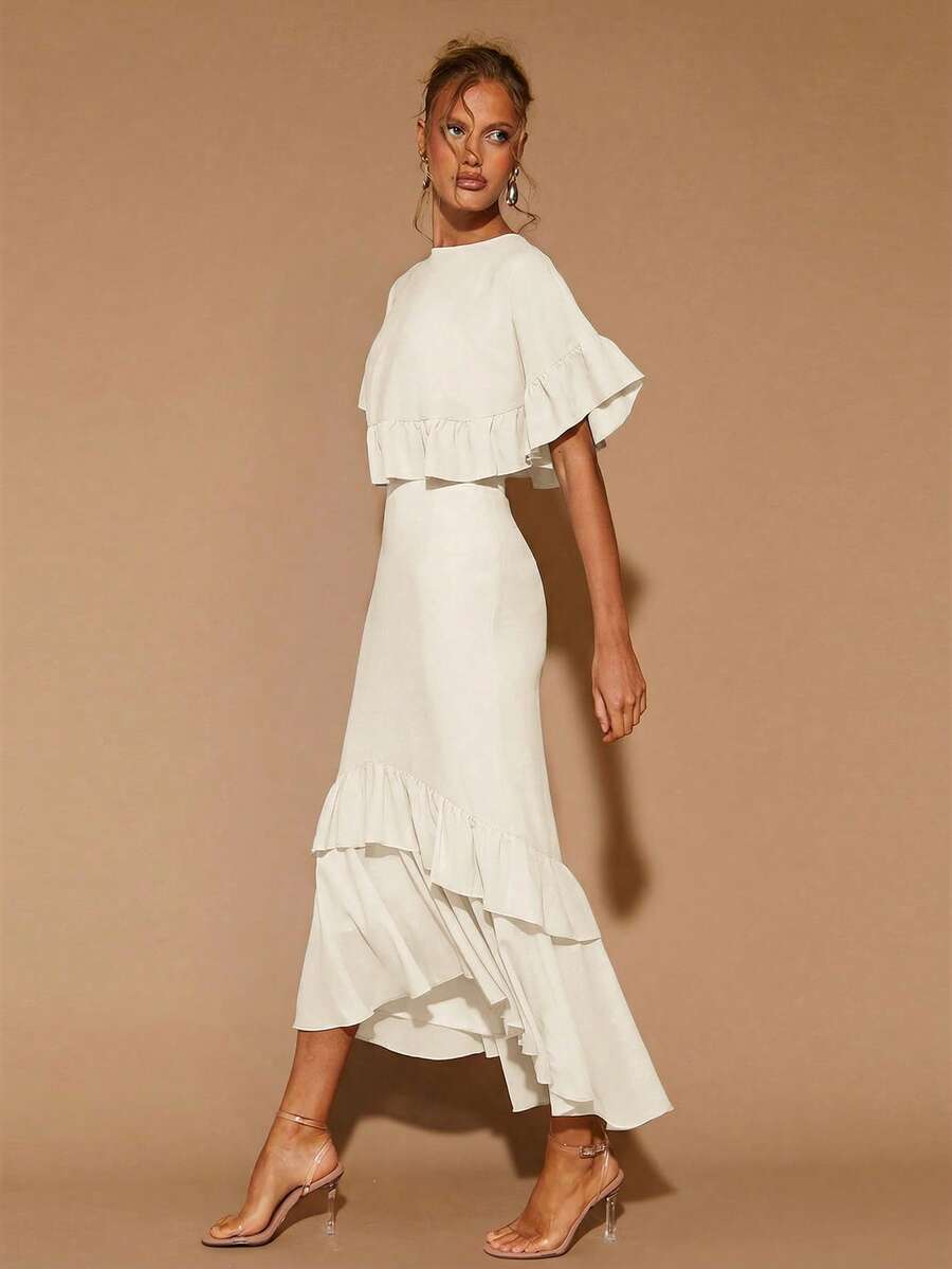 COSMINA 女士优雅荷叶边圆领长连衣裙，适合约会、派对等各种场合，四季皆宜。荷叶边连衣裙，米白色连衣裙，荷叶边连衣裙，米白色荷叶边连衣裙，白色荷叶边连衣裙 - 白色 - 查看 1