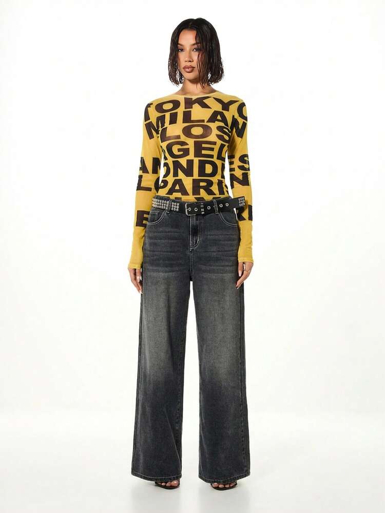 SUMWON WOMEN Long Sleeve Letter Print Top With Bold Typography