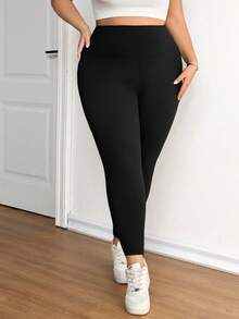 SHEIN CURVE+ Quần legging dài nữ cỡ lớn, thích hợp mặc đi nghỉ mát, thường ngày vào mùa thu và đông, chất liệu mềm mại, giữ ấm và chống lạnh. - màu đen - Xem 9