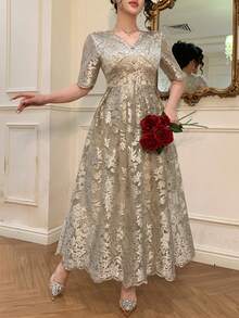 DAZY 女士优雅花卉蕾丝V领长连衣裙，夏季婚礼宾客礼服/吊带裙/鸡尾酒裙 - 灰色 - 查看 5