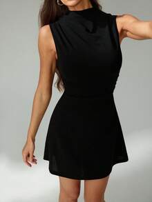 SHEIN Tall Women's Elegant Minimalist Delicate Romantic Sweet Daily Commute Wedding Party Music Festival Vacation Pleated A-Line Mini Dress With Camisole, Black Sleeveless Dress Women Mini Dresses Mini Black Dress Black Dress Black Sleeveless Dress - Black - View 1