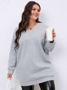 SHEIN Tall CURVE 大码女式休闲V领长袖运动衫，高腰 - 灰色 - 查看 1