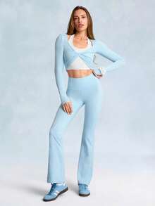 GLOWMODE Softy Velvaire Weekend Flow Super Soft Stretchy 2-Piece Twisted Front Waist Length Layered Thumbholes Yoga Top Studio Daily Casual Wear Valentine's Day - Blue Day - View 7