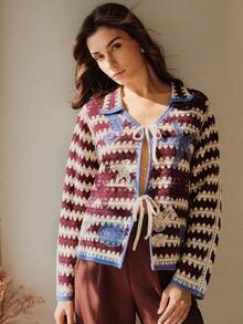 Anewsta Marine Life Striped Pattern Contrast Binding Tie Front Cardigan - Multicolor - View 5