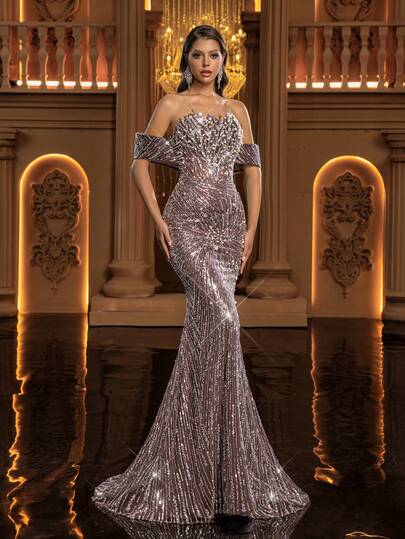 Glamrae Elegant Luxurious Lotus Pink Beaded Sequin Floral Off-Shoulder Sexy Bodycon Mermaid Dress, Suitable For Weddings, Parties, Vacations, Balls, Formal Occasions (Heavy Embellished) Gala Evening Gown Glamorous Dress Silver Elegant Dress Luxury Dresses Silver Gown