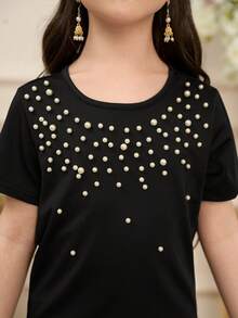 Elladie kids Young Girl Summer Casual Studded Decoration Short Sleeve T-Shirt Girls Black Short Sleeve Top Black Top With Pearls Shirts For Girls Black Girls Tops Party Girls Tops Short Sleeve Tshirts For Kid Girls Kids Girl Tops Kids Black Dresses Young Girls Clothes Blouses For Girls Cute Tops For Girls Kids Clothes For Girl T Shirts For Girls - Black - View 8