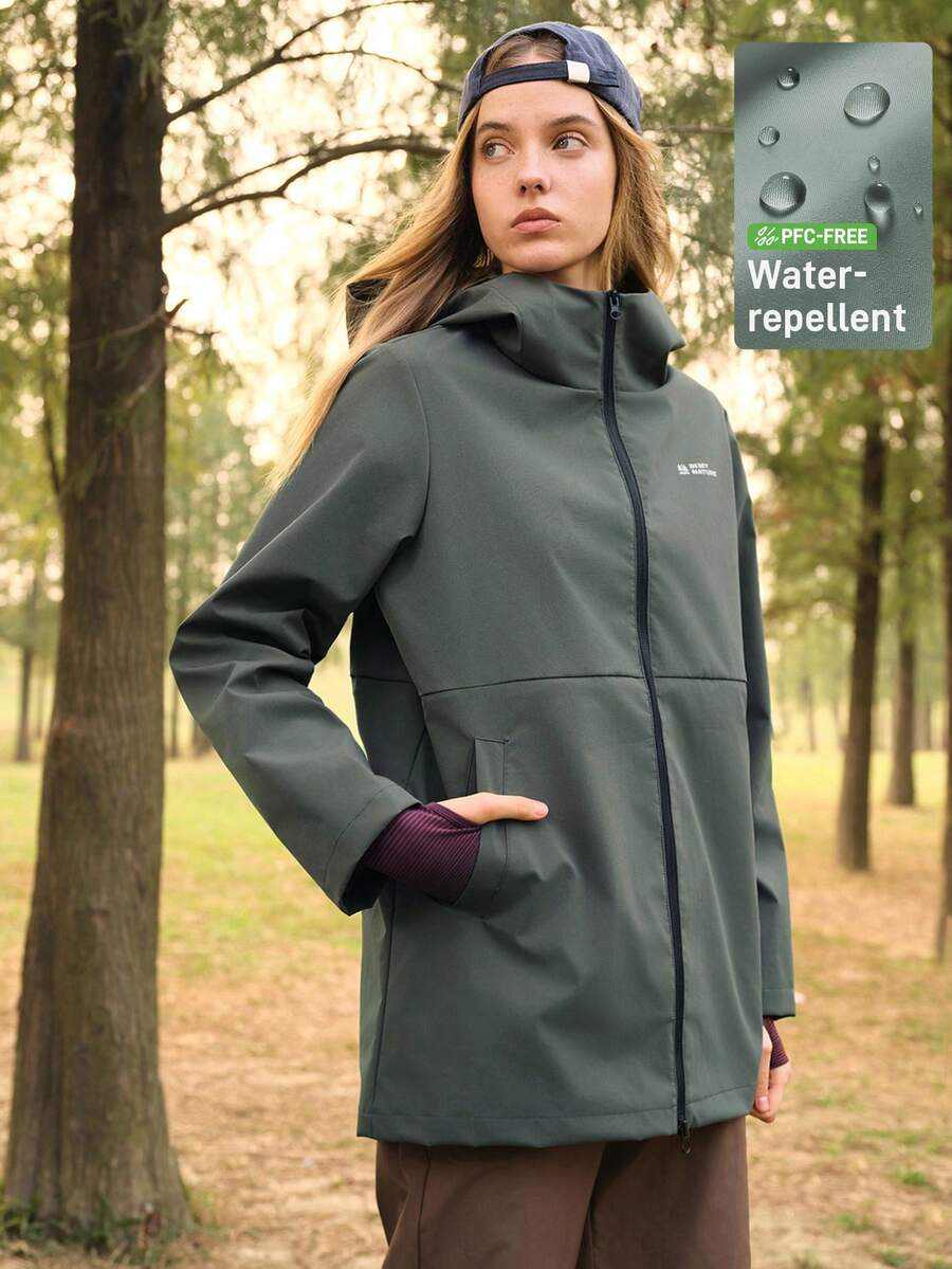 SHEIN In My Nature 女士字母印花长袖拉链连帽户外夹克 - 軍綠色 - 查看 1