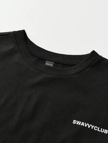 SWAVVY 男士休闲短袖刺绣字母印花T恤，夏季 - 黑色 - 查看 5