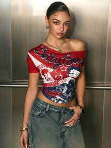Betty Boop x SHEIN Women's Casual Fashionable Street Cartoon Letter Print Asymmetrical Neck Fitted Cropped T-Shirt, Summer
