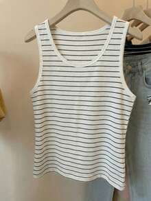 Resyla Women's Plus Size White Striped Knitted Fabric Tank Top Regular Length Casual O-Neck - White - View 3