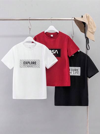 SHEIN 3件套儿童/青少年男童休闲舒适印花圆领短袖T恤，3种不同设计