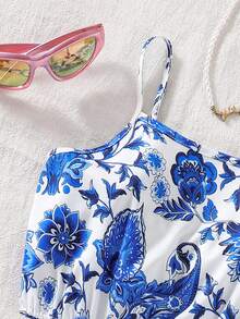 Elladie kids 印花吊带背心、女士扭结镂空无袖连体裤、印花图案女士夏季服装、女士度假装、波西米亚风时尚、女士沙滩装、休闲飘逸波西米亚风女士服装、女士热带风情服装 - 藍色 - 查看 3
