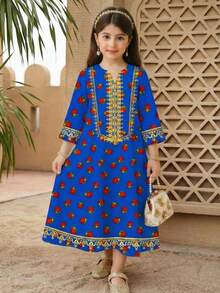 SHEIN Áo choàng dài tay cổ chữ V thêu hoa hồng cổ điển thanh lịch, thích hợp cho mùa xuân/hè, lễ hội, dã ngoại, mặc cùng chị em gái, mẹ và con, trang phục truyền thống Ả Rập, Jalabiya, Abaya - Nhiều màu - Xem 3