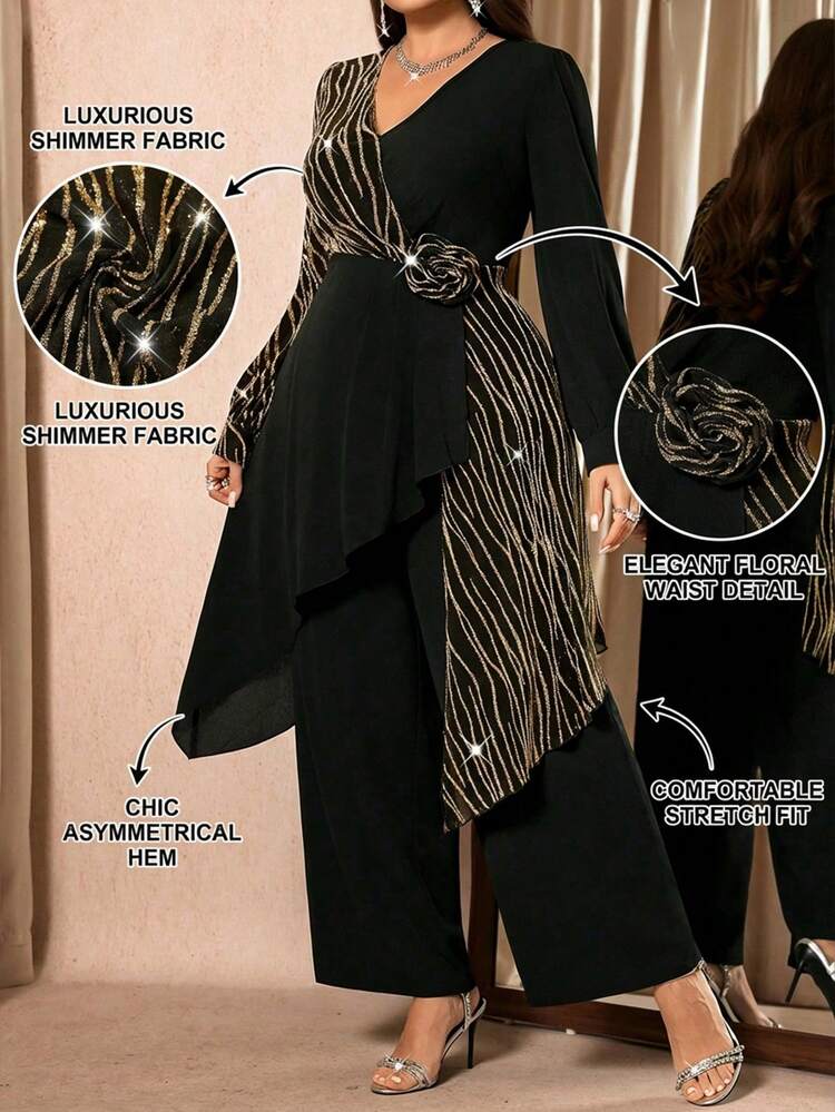 SHEIN Clasi Blusa de manga larga con cuello en V, bajo irregular y diseño de contraste con pliegues, decoración floral 3D, en patchwork negro con detalles metálicos plateados + Pantalones rectos ajustados, conjunto de 2 piezas de talla grande, elegante y de moda para fiesta - Negro - Añade 10