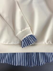 Resyla Casual Beige Patchwork Striped Collared 2 In 1 Sweatshirt, Autumn - Beige - View 4