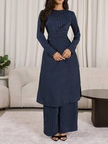 Veilorie 女士通勤时尚条纹收腰长款上衣和长裤阿拉伯风格套装 - 彩色 - 查看 3