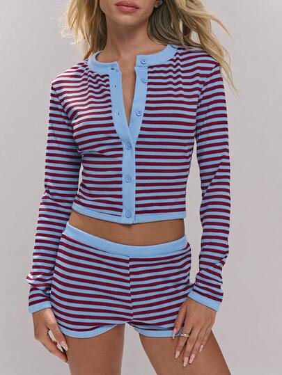 Sweetina 2pcs Women Striped Pattern Front Button Long Sleeve Top And Shorts Set