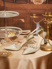 CUCCOO TILAWA 女士时尚闪亮尖头镂空高跟鞋，饰有水钻链条，适合春秋季情人节穿着 - 金色 - 查看 1