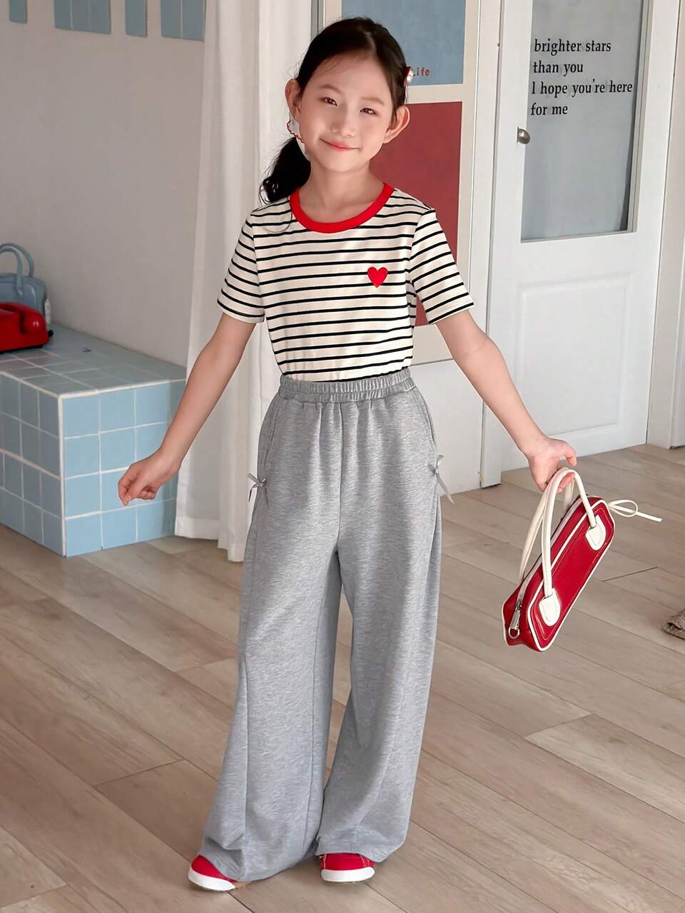Tween Girls' Bow Decor Slant Pocket Elastic Waist Casual Pants