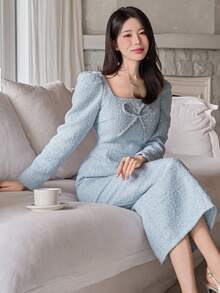 DAZY Đầm midi nữ thanh lịch cổ vuông có túi tay phồng thắt nơ, thích hợp cho dự tiệc cưới mùa xuân/hè. - Màu xanh nhạt - Xem 10