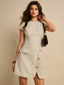 Poéselle 女士圆领裹身优雅短袖迷你连衣裙 - 杏色 - 查看 6