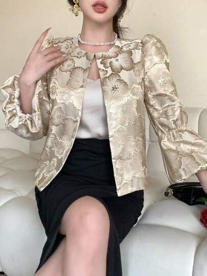 DAZY Chaqueta regular con mangas acampanadas y estampado floral elegante para mujer, primavera/verano