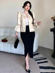 DAZY Áo khoác dáng suông tay loe in hoa thanh lịch dành cho nữ, thích hợp cho mùa xuân/hè, hoặc dự tiệc cưới. - Màu be - Xem 5