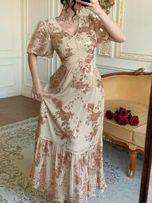 DAZY 女士优雅花卉亮片V领泡泡袖荷叶边下摆连衣裙，夏季婚礼宾客礼服/吊带裙 - 粉色 - 查看 10