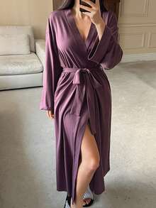 DAZY Women's Minimalist Solid Color Loose Robe - Purple - View 5