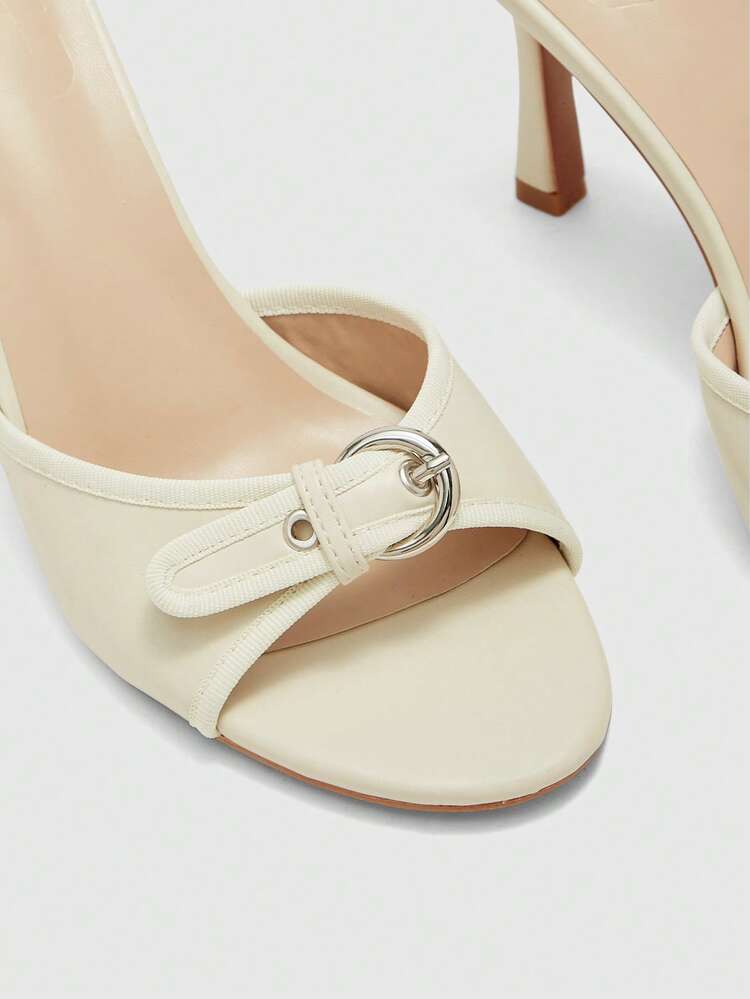 CUCCOO SZL Brown PU Leather Mixed Gold Buckle Decor 3.5" High Heel Round Toe Retro Mule Sandals For Christmas Prom Heels Summer Shoes