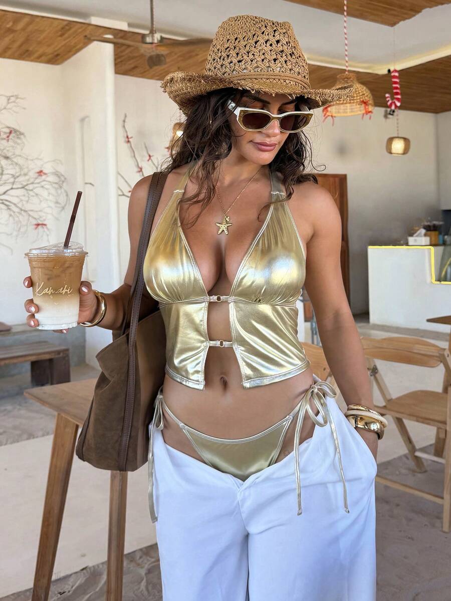 Swim SXY Bonvoyette-D 女士性感优雅金色箔片前系带露背比基尼泳装套装，夏季沙滩泳装 - 金色 - 查看 1