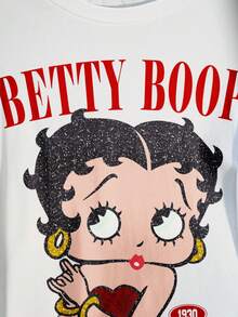 Betty Boop x SHEIN 大码夏季休闲卡通图案圆领短袖T恤 - 白色 - 查看 4