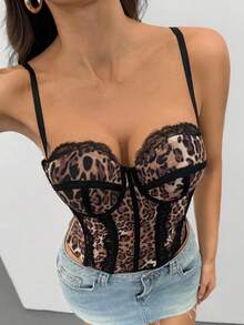 SHEIN Tall Women's Brown Leopard Print Mesh Lace Trim Sexy Camisole Top, Versatile For Outings, Date Nights, Theme Parties, Celebrations - Multicolor - View 4