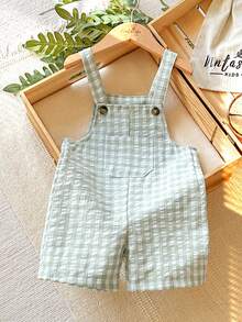 SHEIN Vintaside Kids 1件男婴白色短袖按扣连体衣，柔软舒适休闲连体裤，适合居家、户外、旅行、春夏穿着 - 綠色 - 查看 4
