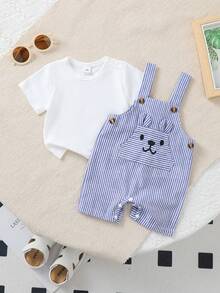 SHEIN Bộ 2 món cho bé sơ sinh: áo cổ tròn, hở vai, tay ngắn và áo liền quần kẻ sọc thêu tai, dễ thương và thời trang, thích hợp mặc ở nhà, hàng ngày và các hoạt động ngoài trời. - Xanh và trắng - Xem 6